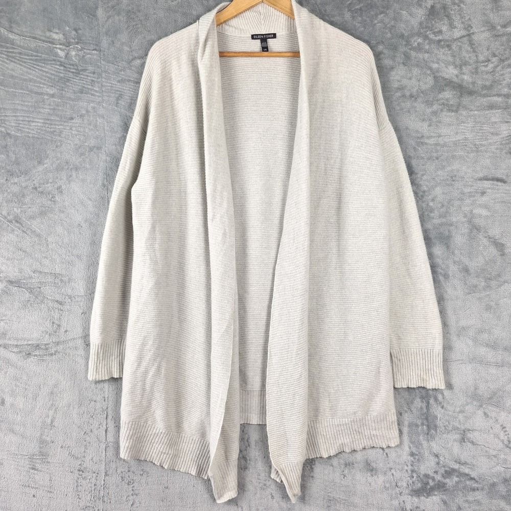 Eileen Fisher Cardigan Large Cashmere Preppy Quiet Luxury Open Sweater Ribbed‎